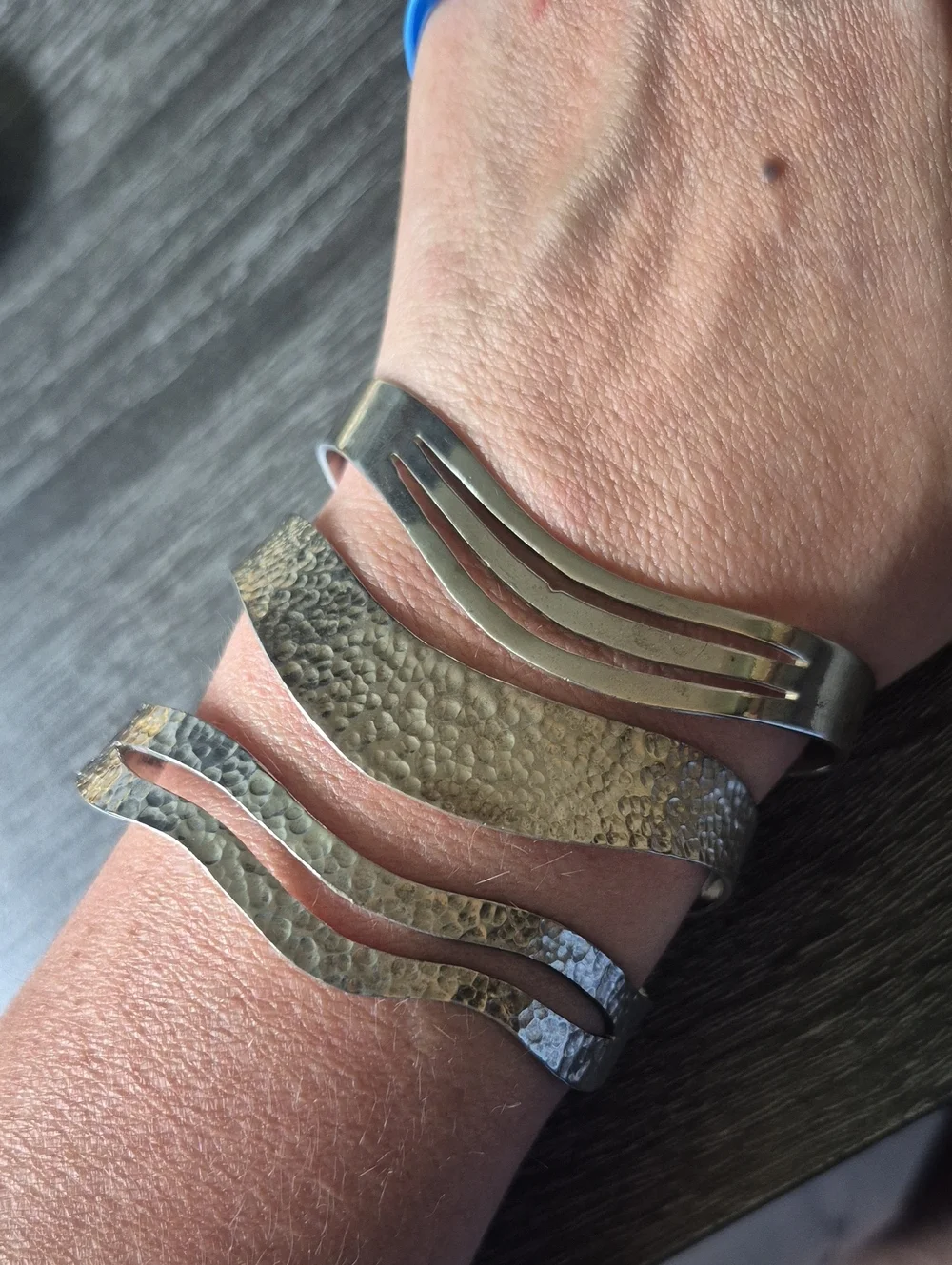 Vintage Mexico Silver Hammered Silver Wave Cuff Bracelets - Set of 3